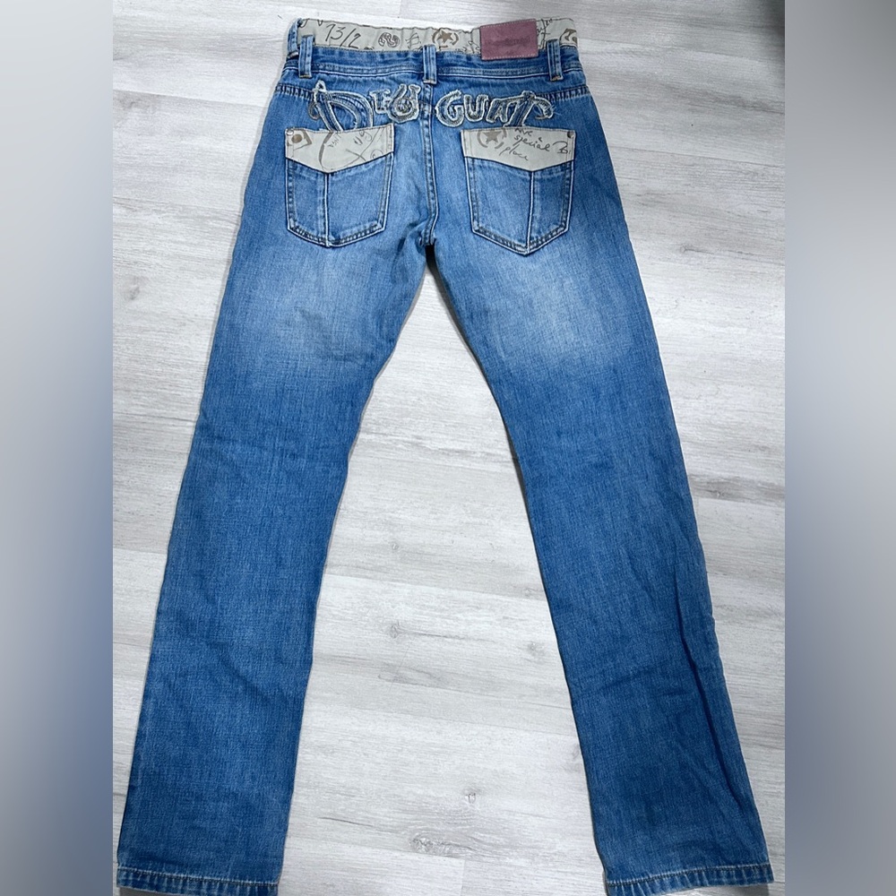 DESIGUAL Blue Distressed Double Waist Graffiti Mens Straight Leg Jeans 28